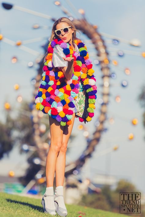 Fashion Editorial - TheTrendSpotter Dasha Gold Colin Gold Rainbow Editorial, Pom Pom Jackets, Pom Pom Fashion, Festival Inspiration, Rainbow Bright, Rainbow Fashion, Fashion Editorial, Burning Man, Festival Outfit