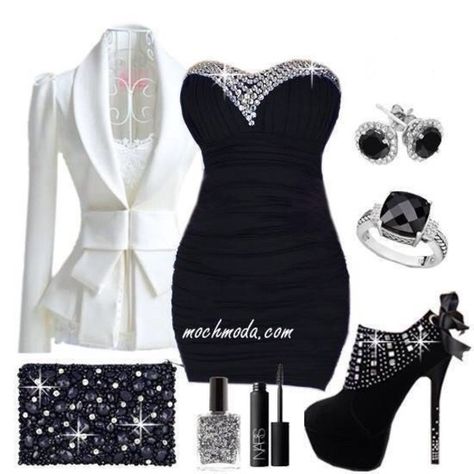 Buy Fashion Clothing - Sexy Club Wear High heels Rhinestones ... I Love Shoes, Black And White Outfit, White Look, Venus Dresses, White Outfit, Baddie Hairstyles, Hot Outfits, Night Outfits, How To Style