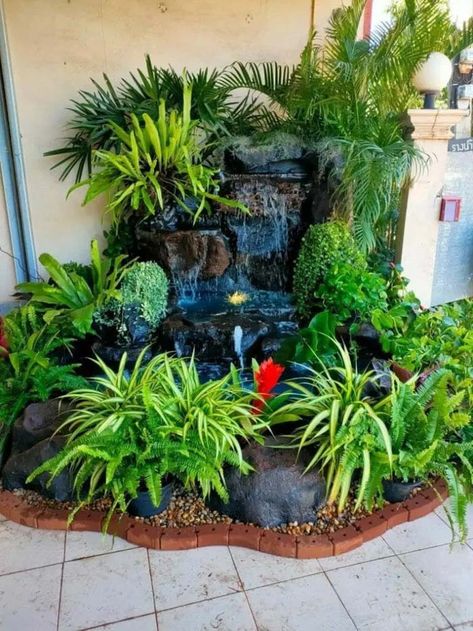 Corner Garden Fountain Ideas, Outdoor Corner Fountain Ideas, Garden With Fountain Ideas, Zen Garden Waterfall, Waterfall In Garden Fountain Ideas, Garden Waterfall Ideas Rock Fountain, Small Ponds With Waterfall Front Yards, Corner Waterfall Backyard, Outdoor Waterfall Ideas