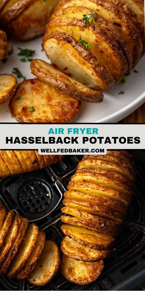 Air Fryer Hasselback Potatoes, Sliced Baked Potatoes, Baked Potato Slices, Air Fryer Baked Potato, Best Air Fryer, Hasselback Potatoes, Potato Recipes Side Dishes, Potato Sides, Air Fryer Dinner Recipes