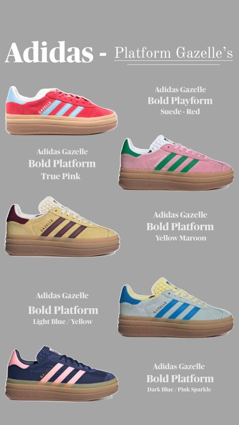 Color ways with descriptions from Adidas Gazelle Bold Platforms, Cream base. Adidas Shoes Gazelle, Adidas Gazelle Bold, Gazelle Bold, Yellow Adidas, Shoe Wishlist, Cream Base, Color Ways, Pink Sparkle, Adidas Outfit