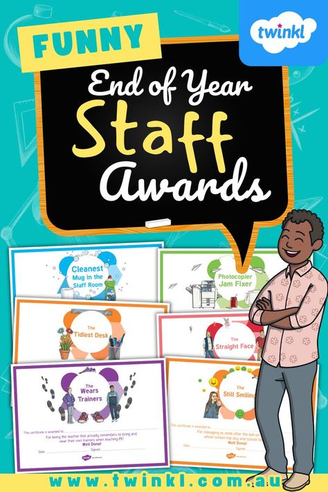 Use our Funny End of Year Teacher Awards as a way to promote school staff health and wellbeing. This pack contains 16 different staff awards that are sure to get a smile. School Award Certificates, Staff Awards, Teacher Awards, School Awards, Staff Room, Funny School, Award Certificates, End Of Term, School Staff