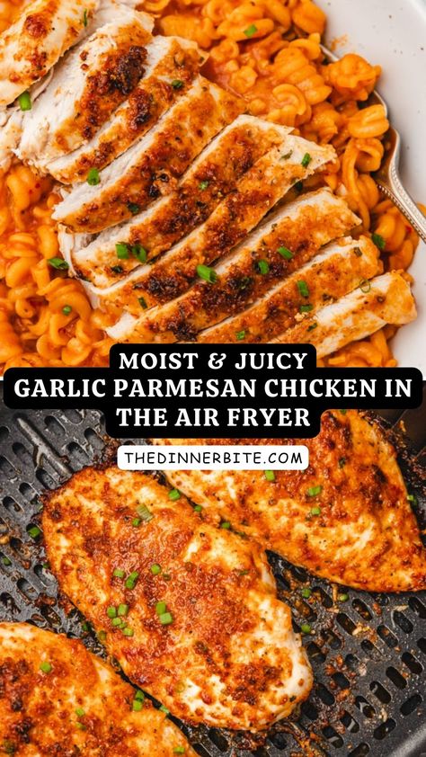 Tired of dry, boring chicken? It's time to upgrade your air frying game with this mouthwatering Moist & Juicy Garlic Parmesan Chicken. Perfectly cooked in the air fryer, this dish will leave you feeling like a gourmet chef in no time. Get ready to impress your friends and family with this easy, scrumptious, and healthy meal. Chicken Air Fryer Meals, Fall Chicken Recipes Air Fryer, Air Fryer Easy Chicken Recipes, Macro Friendly Air Fryer Chicken, Healthy Air Fryer Chicken Parmesan, Air Fried Chicken Healthy, Garlic Parmesan Chicken And Potatoes Air Fryer, Easy Dinner Recipes For One Healthy, Low Calorie Chicken Recipes Air Fryer