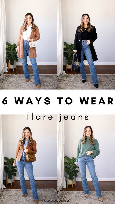 Jeans Outfit 2022 Women, Flare Jean Shoes, Styling Flare Jeans Winter, Flare Jean Work Outfits, Flare Jeans With Shoes, Dress Up Flare Jeans, How To Style Bootcut Jeans Casual, Best Shoes For Flare Jeans, What Shoes Do You Wear With Flare Jeans