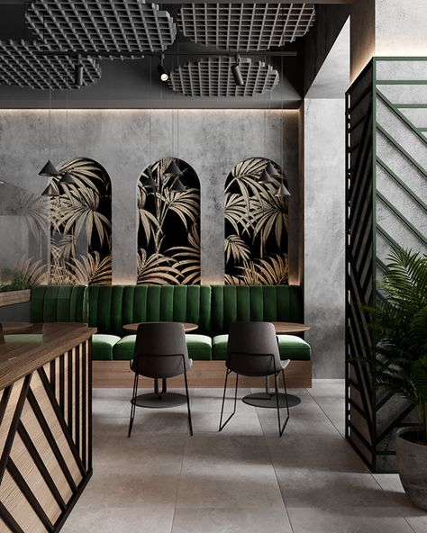 Brutalist Restaurant Interior, Modern Restaurant Bar Design, Brutalist Bar Design, Tropical Style Restaurant, Concrete Restaurant Design, Ceiling Cafe Design, Tropical Theme Interior Design, Tropical Restaurant Design Interiors, Themed Restaurant Ideas