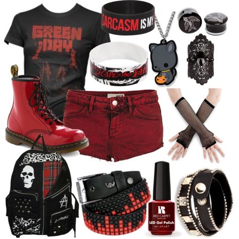 T-shirt Green Day , Doc Martins Rouge , Mitaine en Résille , Mini-Short , Bracelets en cuir , Vernis Bordeaux !!! C'est magnifique , mais  certains accessoires ne me plaise pas ! Green Day Clothes, Mode Rockabilly, Cute Emo Outfits, Emo Outfit, Things To Wear, Band Outfits, Scene Outfits, Rock Outfits, Scene Fashion