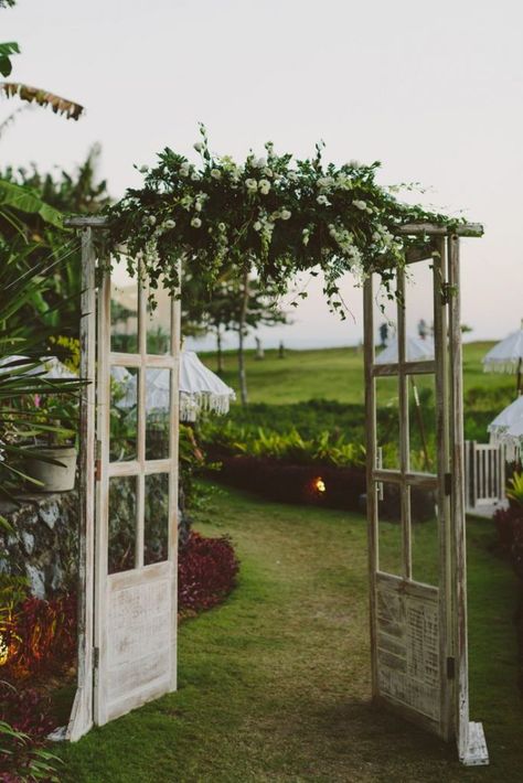 Vintage Chic Wedding, Flowers And Greenery, Wedding Arbour, Garden Entrance, Villa Wedding, Floral Arch, Old Doors, Outdoor Wedding Ceremony, Wedding Arch