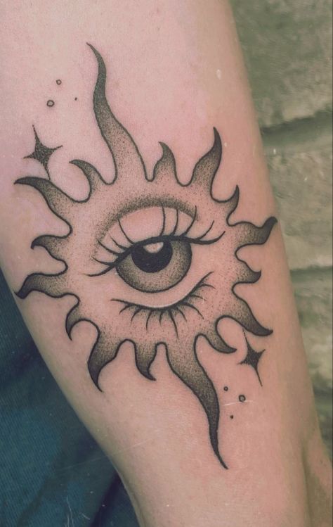 Eye Tattoo Trippy, Eye Love You Tattoo, Eye On Fire Tattoo, Colored Patchwork Tattoo, Eye In Sun Tattoo, Sun And Eye Tattoo, Sun With Eye Tattoo, Sun Fire Tattoo, Under Eye Tattoos For Women