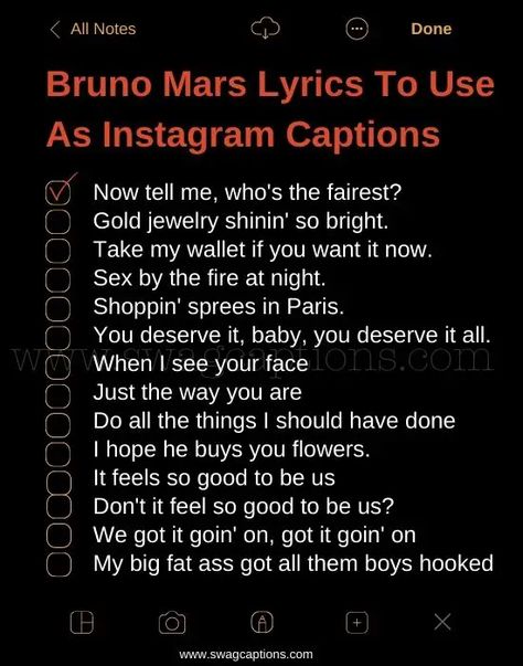 Bruno Mars Lyrics To Use As Your Next Instagram Caption Bruno Mars Instagram Captions, Bruno Mars Lyrics Quotes, Bruno Mars Concert Outfit Ideas, Bruno Mars Songs Lyrics, Drake Instagram Captions, The Maine Lyrics, Drake Lyrics Captions, Tat Quotes, Song Lyrics Drake