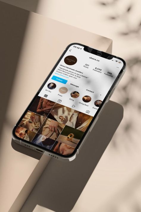 Elegant Social media (Instagram) mock-up for ethical jewellery brand utilising a clean neutral phone mock-up against a wall with shadows of plants Elegant Brand Identity, Marketing Studio, Social Media Mockup, Instagram Branding Design, Social Design, Devon Uk, Elegant Branding, Iphone Mockup, Jewellery Brand