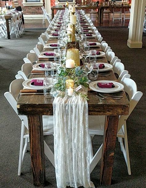 Harvest Tables & White Resin folding chairs for Wedding Reception on 11.04.17 @ Epiphany Farms!! #Palaceevent #weddings #2017 #Team White Chairs Wedding, Chairs For Wedding, Farm Table Wedding, Wedding Table Layouts, Harvest Tables, Block Island Wedding, Chairs Wedding, Beach Wedding Tables, White Folding Chairs