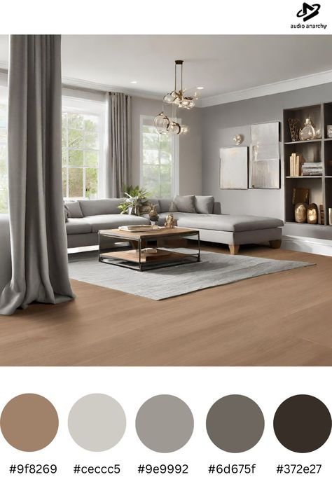 1)Grey Sofa, Light Grey Walls: Serene backdrop for a calm atmosphere. 2)Brown Furniture Accents: Warmth and balance in the room. 3)Wall Storage: Functional yet stylish for a clutter-free space. 4)Texture Mix: grey rug, wooden accents for depth. 5)Soft Lighting: Floor lamps for a cozy ambiance. 6)Personalized Decor: Plants, books add character without clutter. 7)Maintenance: Regularly organize for a minimalist look. 8)Tranquil Retreat: Grey, brown, light grey palette for harmony. Grey Wall With Brown Furniture, Grey Sofa Wood Furniture, Beige Floor Grey Walls, Brown Gray White Living Room, Grey Flooring Room Ideas, Gray Walls Brown Floors Living Room, Mix Grey And Beige, Grey Sofa Oak Floor Living Room, Brown Floors Grey Walls Living Rooms