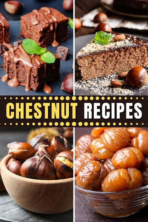 These chestnut recipes will give you a new appreciation for the nut! From soup to pasta to cakes, chestnuts add a rustic flavor to so many dishes. Healthy Chestnut Recipes, Chestnut Cookies Recipes, Chestnut Recipes Savory, Chestnut Dessert Recipes, Soup Party Ideas Fall, Chestnut Tiramisu, Chestnut Pudding, Roasted Chestnuts Recipes, Chestnut Desserts