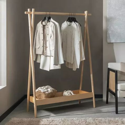 Clothes Rails | Metal Clothes Rails | Habitat Clothes Rail With Shelves, Canvas Wardrobe, Bamboo Clothes, Rails Clothing, Painted Paneling Walls, Open Wardrobe, Wooden Bedroom, Scandi Boho, Wood Clothes