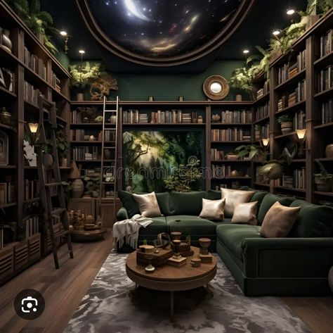 Dark Green Walls Library, Dark Green Bookshelf, Green Home Library, Green Library Room, Room Library Ideas, Dark Green Home, Green Dark Academia, Dark Academia Living Room, Library Vibes