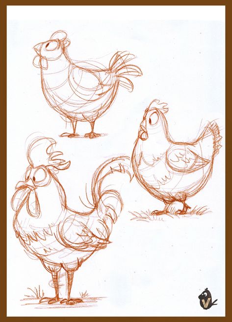 Animal Character Design References, Chicken Animal Drawing, Cute Chicken Illustration, Animal Study Sketch, Chicken Doodle Drawing, Chicken Illustration Design, How To Draw A Chicken, Animal Cartoon Drawings, Cute Animal Character Design