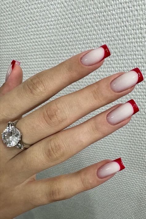 Red French Tip Nails Cute Nails With French Tip, White And Red Square Nails, Milky Red Nails, Red Nail French, Red And White French Nails, Nails With Red Design, Square Red French Tip Nails, Red And White French Tip Nails, Red French Tip Toes