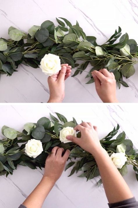 How To Make A Beautiful And Quick Eucalyptus Wedding Table Runner In 6 Easy Steps - Ara U Designs Garland Centerpiece Wedding Round Table, Garland Round Table Wedding, Wedding Table Decorations Eucalyptus White Flowers, Easy Long Table Centerpieces, Wedding Decor With Eucalyptus Leaves, Wedding Table Settings With Eucalyptus, Diy Floral Table Runner Wedding, Simple Eucalyptus Centerpiece Vase, Eucaliptus Decoration Table