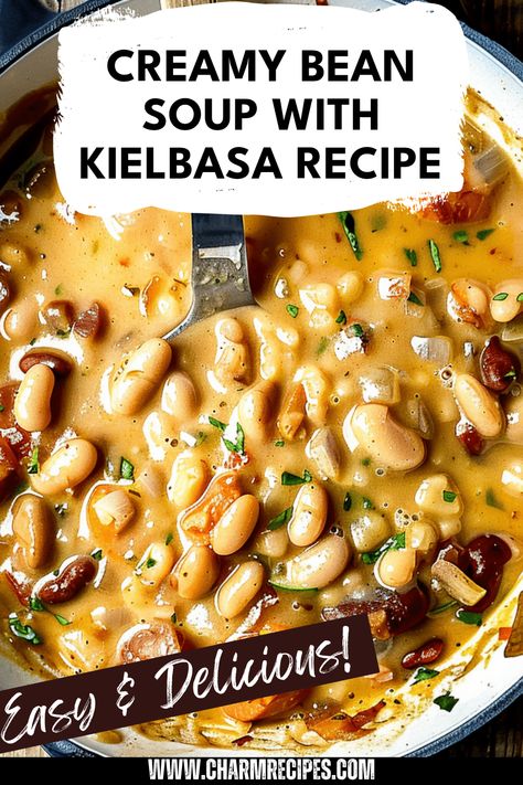 Make an easy Creamy Bean Soup with Kielbasa that celebrates the delicious combination of creamy texture and smoky sausage flavor. This warming soup is perfect for chilly nights or cozy family dinners. In just steps, you can enjoy ingredients like beans, kielbasa, and fresh vegetables simmered to perfection. Discover how to bring together wholesome nutrition and great taste in one hearty meal. Camping meal? Cozy at home? This Comforting Bean Soup takes it all on while being simple to prepare! White Bean Kielbasa Spinach Soup, Bean Soup With Kielbasa, Soup With Sausage Kielbasa, Smoked Sausage And Bean Soup, Bean And Kielbasa Soup, Kielbasa And White Bean Soup, Creamy Bean Soup With Kielbasa, Kielbasa Bean Soup, Creamy Bean Soup With Sausage