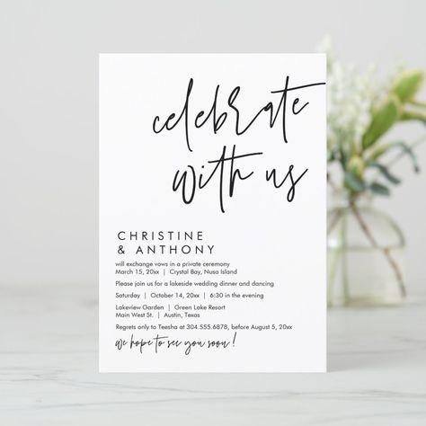 Wedding Elopement Dinner, Modern Casual Script Invitation Elopement Dinner, Casual Wedding Invitations, Crystal Bay, Invite Ideas, Lakeside Wedding, Lake Resort, Green Lake, Wedding 2024, Wedding Dinner