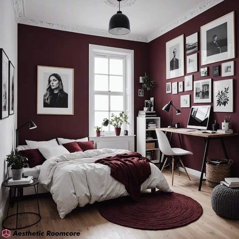 Maroon Boho Bedroom, Maroon Accent Wall Bedroom, Maroon Wall Bedroom, Burgundy Room Ideas, Burgundy Room Aesthetic, Burgundy Room Decor, Burgundy Room Ideas Bedrooms, Room Painting Ideas Aesthetic, Burgundy Bedroom Decor