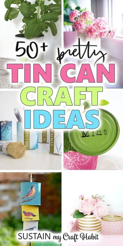 Wondering what items can be made out of tin cans? Explore over 50 tin cans recycling ideas to make for your home! These tin can craft ideas are a great way to use up those empty cans when you're bored. From planters, decor to organizing tools and more, you'll love all these projects that you can make with simple aluminum cans. https://sustainmycrafthabit.com/upcycled-tin-can-crafts/ Recycled Crafts Tin Cans, Tim Can Crafts Ideas, Diy Tin Can Projects, Can Craft Ideas, Upcycle Cans, Tin Can Decorations, Upcycle Bottles, Coffee Can Crafts, Recycled Cans