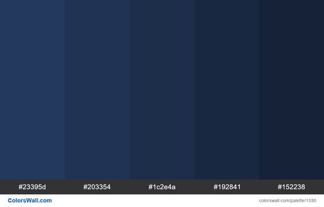 Dark blue shades colours. HEX colors #23395d, #203354, #1c2e4a, #192841, #152238. Brand original color codes, colors palette. Blue Color Hex, Dark Blue Color Code, Dark Blue Shades, Blue Hex Code, Blue Pallets, Navy Blue Paint Colors, Navy Color Palette, Navy Blue Paint, Ui Color