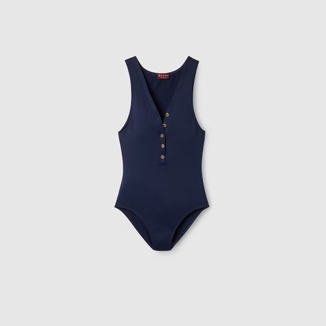 Sparkling jersey swimsuit in dark blue | GUCCI® US Bathing Suit Designs, Italian Coast, Beach Clubs, Halter Neck Swimsuit, Pre Fall Collection, Wearing Red, Airport Style, Swimwear Fashion, Baby Sets