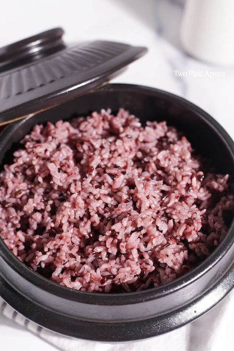 Korean purple rice, or huekmi bap (흑미밥) Korean Corn Dog Recipe, Homemade Ramen Noodles, Rice Alternatives, Corndog Recipe, Plaid Apron, Purple Rice, Cheese Corn, Homemade Ramen, Healthy Rice