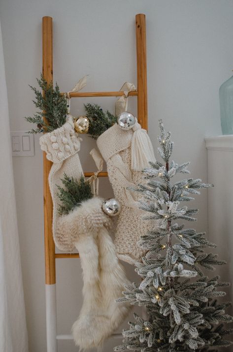 Christmas Stocking On Wall Ideas, Sticking Hanging Ideas No Fireplace, How To Display Stockings With No Mantle, Christmas Stockings Display Ideas, Christmas Tree Without Garland, Stocking Without Mantle, Stockings On Ladder Christmas, Non Mantle Stocking Ideas, Places To Hang Stockings Ideas