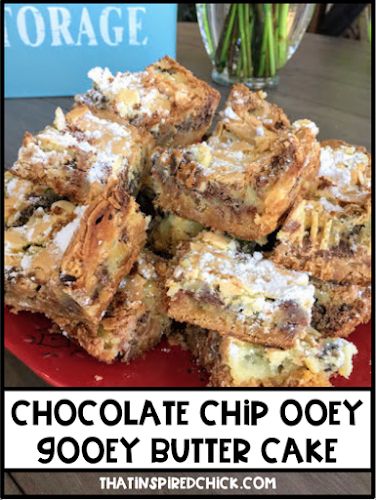 CHOCOLATE CHIP OOEY GOOEY BUTTER CAKE | That Inspired Chick Chocolate Chip Ooey Gooey Butter Cake, Ooey Gooey Butter Bars, Easy Cream Cheese Recipes, Neiman Marcus Bars, Ooey Gooey Butter Cookies, Butter Cake Bars, Ooey Gooey Cake, Butter Cake Cookies, Ooey Gooey Bars