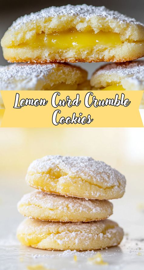 Collage image of Lemon Curd Crumble Cookies with text overlay Lemon Curd Filled Cookies, Lemon Curd Stuffed Cookies, No Vanilla Extract Cookies, Sour Cream Lemon Curd Cookies, Lemon Curd Scones Recipe, Crumble Lemon Cookie Copycat, Winter Lemon Desserts, Raspberry Curd Lemon Cookies, Stuffed Lemon Cookies Recipe