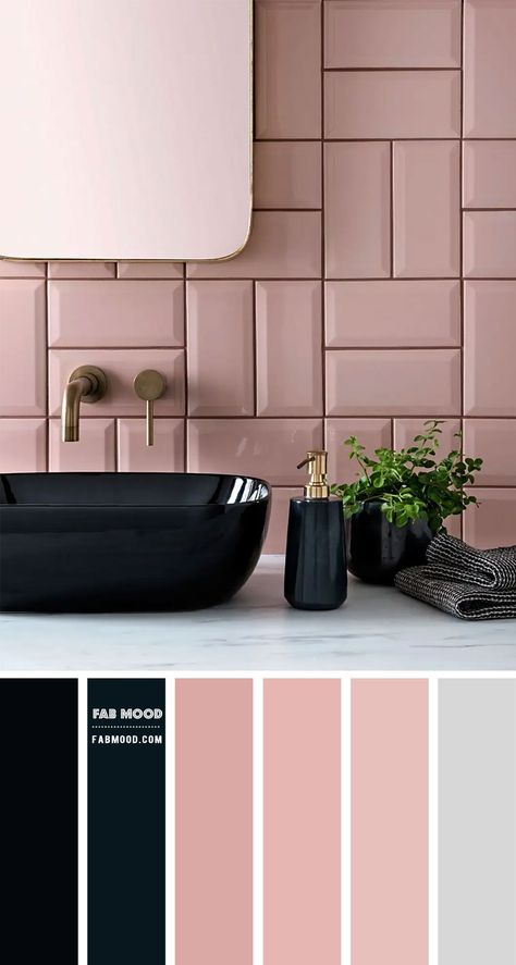 Thinking of pink? There are many ways in which you can bring in feminine elements without overpowering the décor. And this bathroom in pink wall is one... Black White And Pink Bathroom Ideas, Pink Bathroom With Black Fixtures, Black Pink Gold Bathroom, Pink And Chrome Bathroom, Pink Wc Ideas, Pink Black Bathroom Ideas, Pink Black Interior, Pink White Black Bathroom, Pink Half Bathroom Ideas