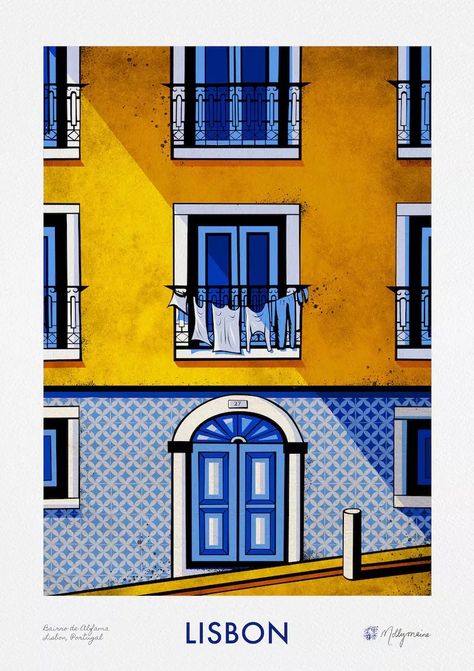 Giclee art print of a traditional old tiled house with washing hanging from the balconyin AlfamaLisbonPortugalThe art is bright and vibrantthe main colors are yellow and blueThe image is bright and colorfulThe print comes in 4 sizes. Lisbon Art Print, Lisbon Color Palette, Portuguese Buildings, Lisbon Illustration, Portugal Decor, Tiled House, Portugal Restaurant, Portuguese Decor, Portugal Illustration