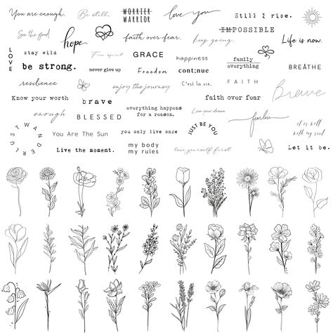 TATUWST Realistic Temporary Tattoos - 60 Sheets Tiny Small Removable Tattoos, 30 Pcs Inspirational Quotes Words Tattoos, 30 Pcs Wild Flower Ink Line Botanical Floral Leaf Tattoo Stickers for Women Floral Leaf Tattoo, Line Botanical, Removable Tattoos, 22 Tattoo, Wörter Tattoos, Tattoo Quotes For Men, Leaf Tattoo, Cursive Words, Realistic Temporary Tattoos