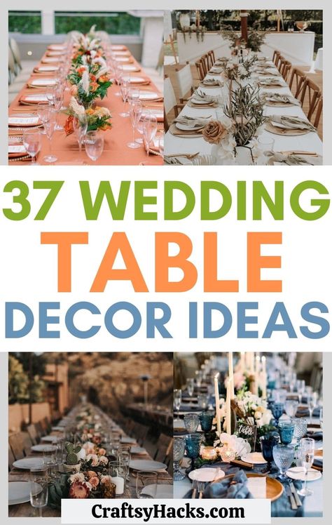 You can easily have the most beautiful wedding table decor to celebrate your wedding with these lovely wedding ceremony ideas. These incredible wedding decor ideas will give you inspiration for your own wedding reception. Wedding Long Tablescape, Long Table Centerpieces For Party, Aesthetic Wedding Table Decor, Simple Rectangular Wedding Table Decor, Wedding Decor For Long Tables, Fall Garden Wedding Table Decor, Long Party Table Decor, Diy Tablescapes Wedding, Wedding Reception Long Table Decorations