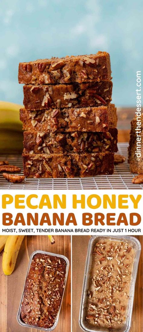 Honey Banana Bread is tender, moist, sweet, and rich with banana, cinnamon, and nutmeg flavors, and crunchy pecans mixed in. Ready to enjoy in 60 minutes! #dessert #bananas #bananabread #pecans #dinnerthendessert Honey Banana Bread, Banana Bread Honey, Banana Pecan Bread Recipe, Pecan Bread Recipe, Banana Pecan Bread, Sour Cream Banana Bread, Brown Spots Removal, Make Banana Bread, Chocolate Banana Bread