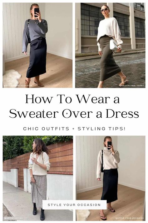 Dress With Tucked Sweater, Sweater Over Midi Dress, Tucking Sweater Over Dress, How To Wear Sweaters Over Dresses, Sweater Over Black Dress Outfit, Long Black Dress With Sweater Over It, Chunky Sweater With Dress, Satin Slip Dress With Sweater, Styling A Maxi Dress For Winter