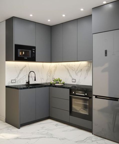 Grey Kitchen Cabinets Black Countertop, Black And Grey Kitchen Cabinets, Black And Grey Kitchen Ideas, Small Black Kitchen Ideas, Kitchen Design Countertops, Серая Кухня, Blue Kitchen Cabinets, Green Kitchen Cabinets, Small Living Room Design