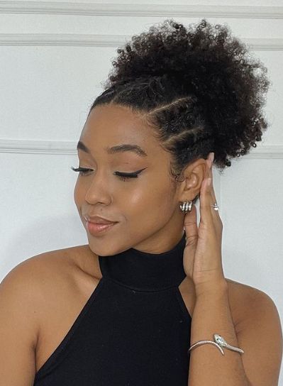 Braided Afro Puff Hairstyle Cornrows And Afro Puffs, Cornrow Afro Puff, Afro Puff Drawstring Ponytail Hairstyles, Afro Puff Hairstyles 4c Natural Hair, Braided Afro Puff Hairstyles, Braided Afro Puff, Afro Puff Hairstyles Black Women, Braided Puff Natural Hair, Cornrow Puff