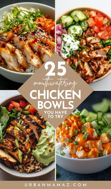 Looking for mouthwatering chicken bowls you have to try? Check out this list of 25 easy chicken rice bowls to meal prep. Lunch Meals With Chicken, Quick Meal Prep Dinner Ideas, Bowls Dinner Recipes, Bowl Prep Meals, Easy Dinner Recipes Rice Bowls, Chicken Dinner Bowls, Chicken Rice Bowls Recipes, Chicken For Bowls, Chicken Rice Protein Bowl