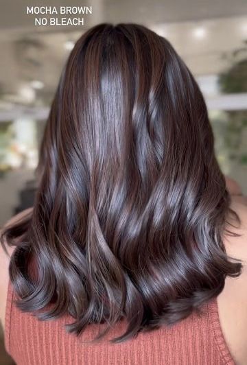 Burgundy Hair Olive Skin Tone, Darkest Mahogany Brown Hair, Shoulder Dark Brown Hair, Mocha Brown Hair Highlights, Cocoa Brown Hair Balayage, Indian Tone Hair Color, Hair Colour On Brown Skin Tone, Solid Hair Color Ideas For Curly Hair, Hair Colour For Skin Tone