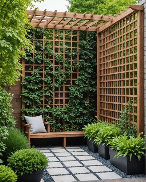 Backyard Walls, Wood Trellis Wall, Lattice Vertical Garden, Trellis In Front Of Fence, Tiny Backyard Garden, Wood Slat Trellis, Clematis Trellis Ideas Climbing Vines, Garden With Trellis, Garden Lattice