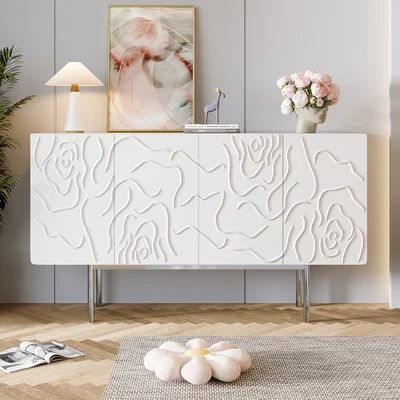 59" White Sideboard Buffet with Doors Modern Carved Credenza Adjustable Shelves Modern White Sideboard, Black Wood Sideboard, Curated Aesthetic, Living Room Buffet, Minimalist Sideboard, White Sideboard Buffet, Lake House Furniture, Foyer Furniture