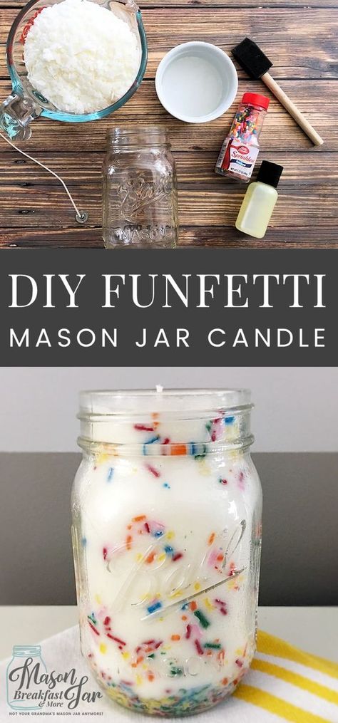 DIY Funfetti Soy Mason Jar Candles make fun centerpieces for birthday parties, easy homemade gift ideas, pretty home décor accessories, and delicious smelling air fresheners. You can whip up these Mason jar soy candles in minutes (not counting the time it takes for the wax to harden). Feel free to customize these homemade Mason jar candles with different color sprinkles and/or your favorite scents. Hadiah Diy, Easy Homemade Gifts, Soya Mumu, Diy Jar Crafts, Mason Jar Crafts Diy, Homemade Diy, Jar Diy, Mason Jar Candles, Homemade Candles