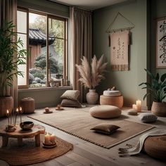 Home Office And Meditation Room, Relaxation Space Ideas, Japandi Meditation Room, Zen Home Decor Ideas, Zen Corner Living Room, Meditation Living Room, Zen Area Ideas, Therapy Aesthetic Room, Boho Zen Room