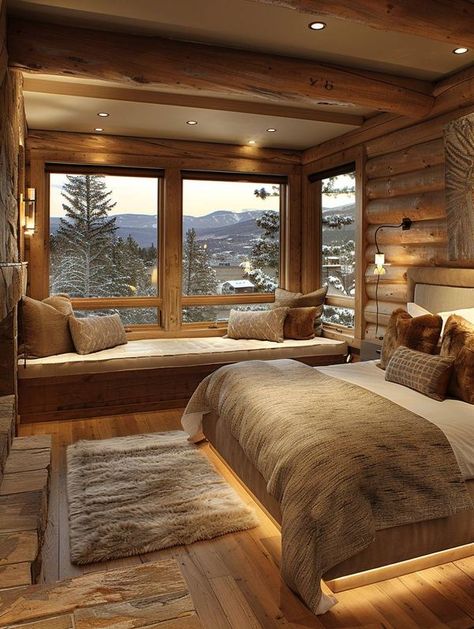 Modern Chalet Bedroom, Rustic Lake House Bedroom, Rich Cabin Aesthetic, Cabin House Bedroom, Log Cabin Homes Interior Bedroom, Woodsy House Interior, Modern Rustic House Interior, Writing Cabin, Winter Cabin Interior