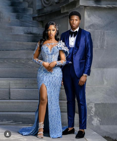 Different Color Prom Dresses, West African Prom Dress, Prom Colors Black People, Prom Dress Black Couple, Prom Poses Black Couples, South African Prom Dresses, Blue Prom Looks, Prom 2024 Ideas, Prom Dress Inspo Black Woman