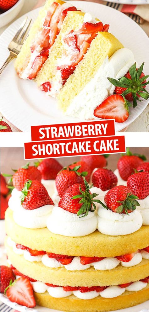 Strawberry Shortcake With Box Cake, Layered Strawberry Shortcake, Cake Collage, Classic Vanilla Cake, Shortcake Recipes, Mascarpone Whipped Cream, Easy Strawberry Shortcake, Shortcake Cake, Moist Vanilla Cake