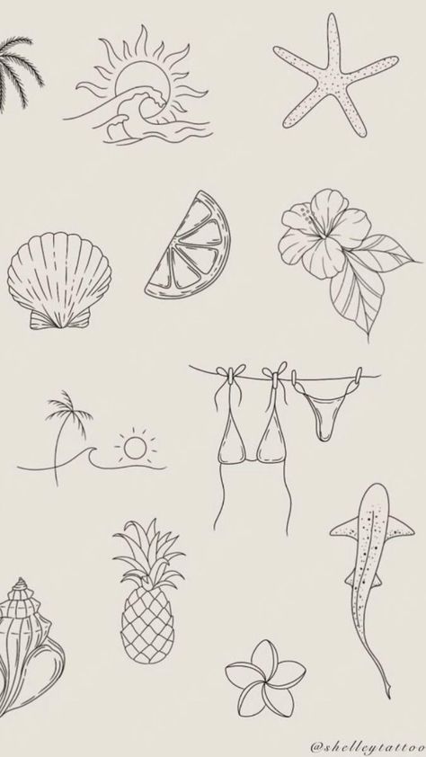 OMG. These small coastal tattoo are so cute and the way to my ocean loving heart. I am obsessed with the bikini tattoo idea and the shark tattoo. Love this list of beachy tattoos so much!  ... more Ocean Tattoos Ideas, Sticker Sheet Tattoo Sleeve, Beachy Small Tattoos, Florida Keys Tattoo, Fine Line Tattoos For Women Ribs, Ocean Spine Tattoo Ideas, Simplistic Ocean Tattoo, Tattoo Ideas Summer, Beach Shell Tattoo